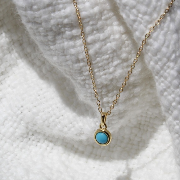 Sterling Silver Gold Necklace with Turquoise Mini Round Pendant - Picture 7 of 10